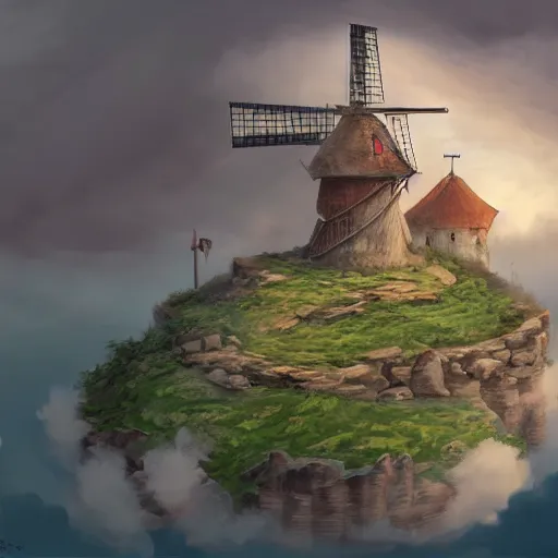 Image similar to A floating island in the clouds with a small medieval village and a windmill on top of it, D&D, magical, highly detailed, digital painting, trending on artstation, 8k