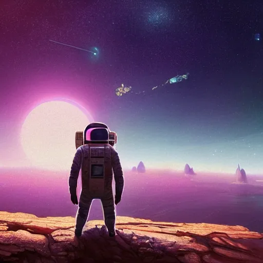 Prompt: a lonely astronaut overlooking at an amazing alien landscape and the universe, digital art, breathtaking, golden ratio, extremely detailed, establishing shot, hyperrealistic, cinematic lighting, particles, unreal engine, simon stålenhag, rendered by Beeple, Makoto Shinkai, syd meade, simon stålenhag, Ruan Jia, Kentaro Miura, environment concept, artstation, octane render, 4K UHD image