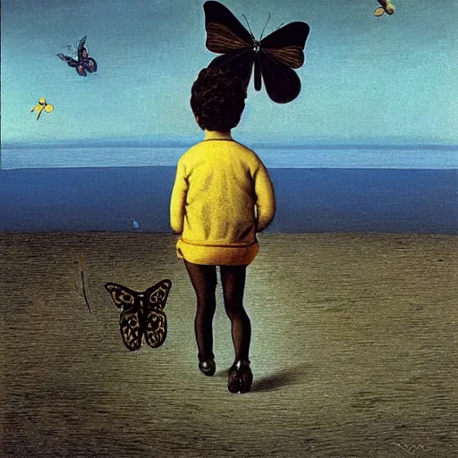 Prompt: a boy taking his enlarged butterfly for a walk, a surrealist painting by remedies varo and salvadore dali