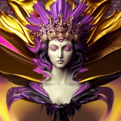 Image similar to female angel queen head wearing shiny pink crown, subtle purple accents, hyper details, black metal rococo, sculpted by Alex Alice, Craig Mullins, yoji shinkawa, trending on artstation, beautifully lit, Peter mohrbacher, hyper detailed, elite, elegant, luxury, ray of light through smoke, CGsociety, hypermaximalist, golden ratio, neofuture, volumetric, octane render, weta digital, micro details, 3d sculpture