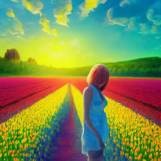 Image similar to large tulip head, girl walking in a flower field, surreal photography, sunrise dramatic light, impressionist painting, colorful clouds, digital painting, artstation, simon stalenhag, flower face