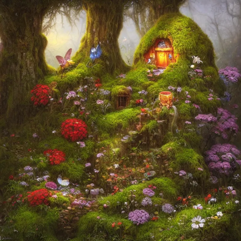 Image similar to a whimsical fairy house on a mossy stump surrounded by flowers by Justin Gerard, evening light