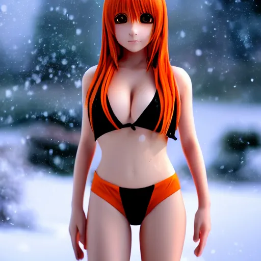 A full body photo of an anime girl, short hair, brown hair, wearing a red two  piece swimsuit, looking up camera angle, bright mid-day lighting from top,  dynamic pose