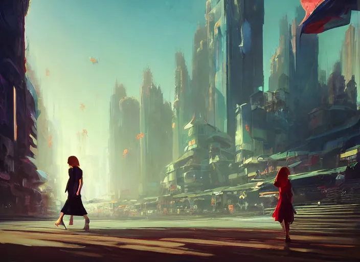 Image similar to gorgeous inspiring girl waving a red flag over her head enthusiastically walking through Mandelbrot fractal futuristic bustling utopian city by Craig Mullins, ilya kuvshinov, krenz cushart, artgerm trending on artstation by Edward Hopper and Dan Mumford and WLOP and Rutkovsky, Unreal Engine 5, Lumen, Nanite