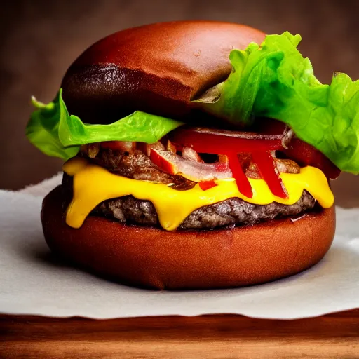 Image similar to close ups photo of a delicious cheeseburger with lots of toppings, studio lighting 5 0 mm photograph