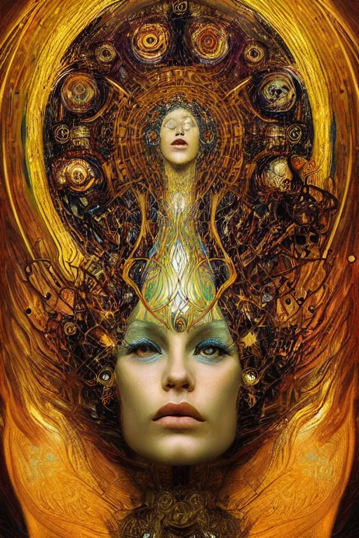 Image similar to Divine Chaos Engine by Karol Bak, Jean Deville, Gustav Klimt, and Vincent Van Gogh, beautiful visionary mystical portrait, sacred, otherworldly, fractal structures, Surreality, SpiralDee, ornate gilded medieval icon, third eye, spirals