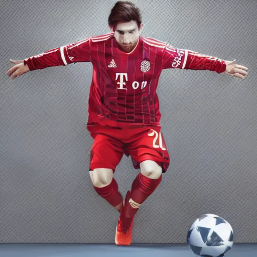 Prompt: a photography of Lionel Messi wearing a Bayern Munich jersey, Bayern Munich logo in the background, studio lighting, detailed, realistic