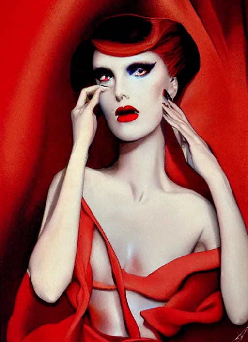 Prompt: an 8 0 s portrait of a woman with dark eye - shadow and red lips with dark slicked back hair dreaming acid - fueled hallucinations by serge lutens, rolf armstrong, delphin enjolras, peter elson, red cloth background