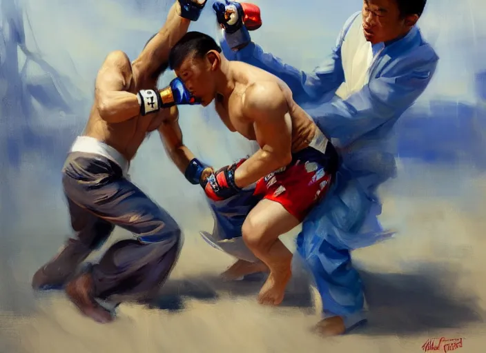 Image similar to greg manchess painting of a filipino mma fighter in a swordfight with a blond man in a blue suit, organic painting, sunny day, matte painting, bold shapes, hard edges, street art, trending on artstation, by huang guangjian, gil elvgren, ruan jia, randy vargas, greg rutkowski