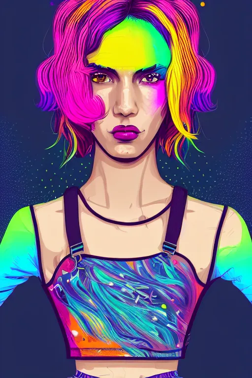 Image similar to a award winning half body portrait of a beautiful woman with stunning eyes in a printed croptop and cargo pants with rainbow colored ombre hairstyle head in motion and hair flying by josan gonzales, outrun, vaporware, shaded flat illustration, digital art, trending on artstation, highly detailed, fine detail, intricate