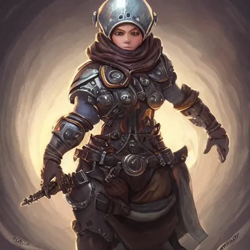 Prompt: muscular female gnome engineer artificer, wearing metal gauntlet, short black hair, naval landscape, full body portrait, d & d, fantasy, intricate, elegant, highly detailed, digital painting, artstation, centred, rule of thirds, concept art, matte, sharp focus, illustration, cover by artgerm, art by greg rutkowski