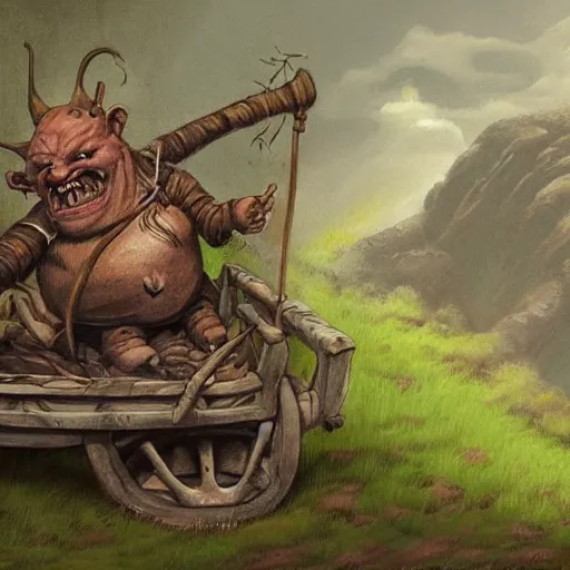 Prompt: painting of fat goblin riding down a hill in a rickety wooden cart holding a lance, fantasy art, magic : the gathering art, by diterlizzi