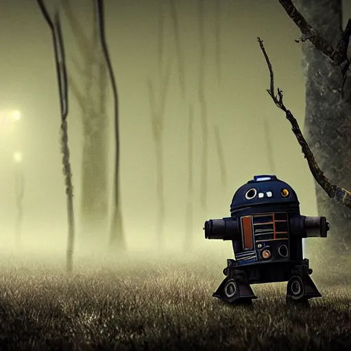 Image similar to realistic render of a small and rusty observation droid in a swamp, eerie atmosphere, fog, cinematic lighting