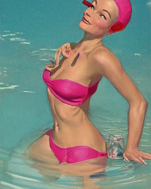 Image similar to tuesday weld swimming in a pink bikini, tuesday weld half immersed in water in a palm springs midcentury swimming pool by gil elvgren, by mort kunstler, by robert maguire