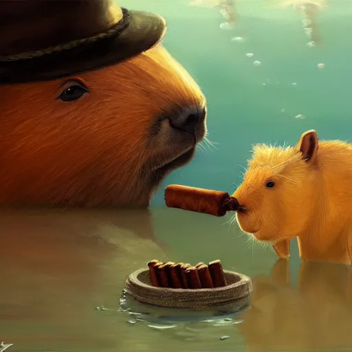 Prompt: a painting of a capybara smoking a cuban cigar while a fedora sitting in a secret underwater base by Krenz Cushart, high detail, concept art, artstation, 8k