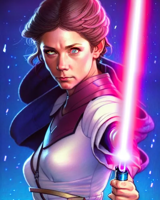 Image similar to pretty blue eyed brunette girl!! pink lightsaber! gorgeous, beautiful, jedi, fire emblem, art by artgerm and greg rutkowski and magali villeneuve, portrait, d & d, fantasy, highly detailed, digital painting, trending on artstation, concept art, sharp focus, illustration