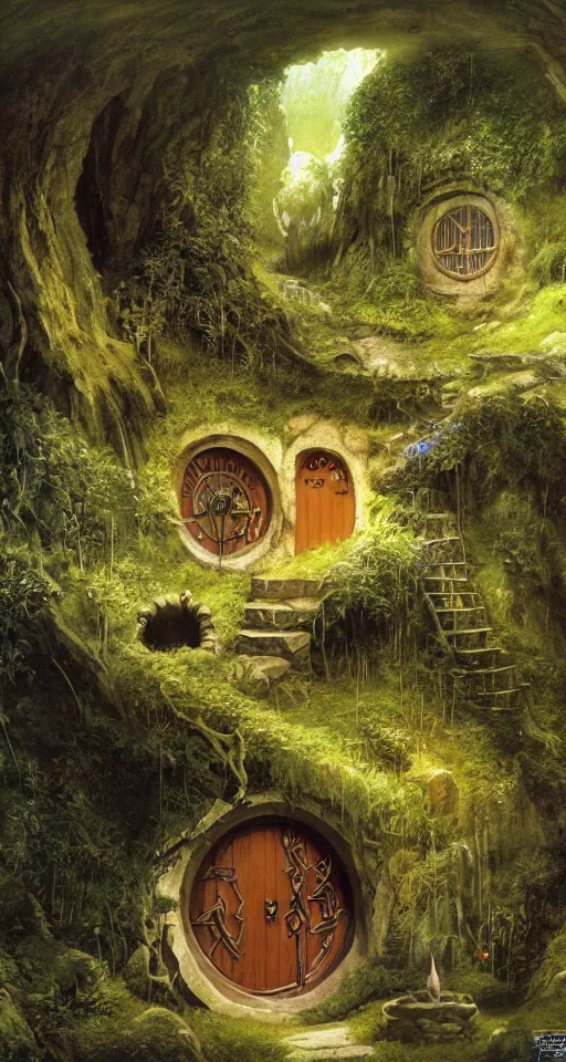 Image similar to concept illustration of a hobbit hole from lord of the rings ', by david mattingly and michael whelan and tim jacobus and francisco goya. realistic 8 k matte painting with photorealistic hd lighting. composition and layout inspired by gregory crewdson and brendon burton.