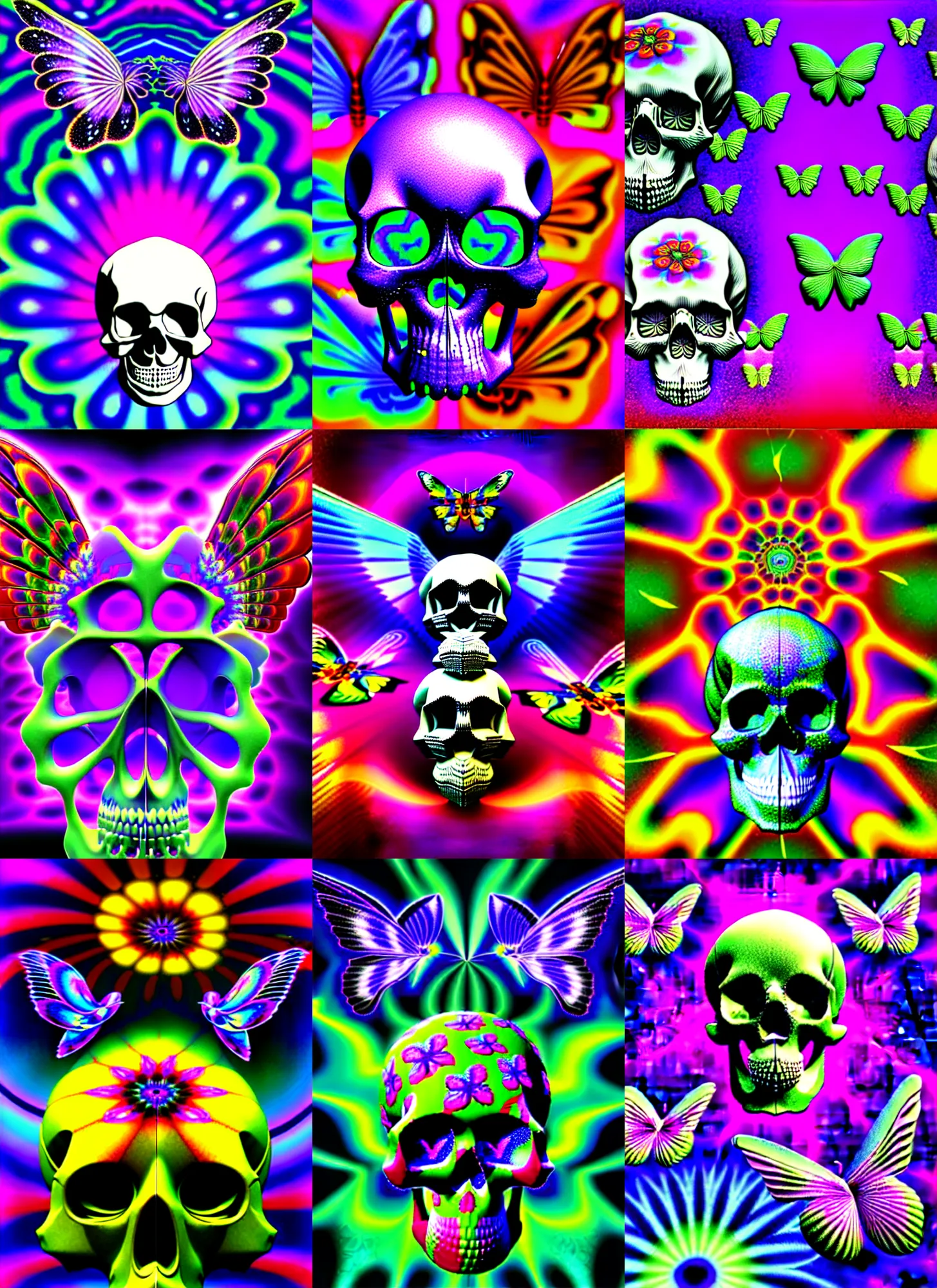Prompt: 3 d silicon graphics render of flower in a skull e by ichiro tanida, background of angel wings against a psychedelic acid background with 3 d butterflies and 3 d flowers in the style of early three dimensional computer graphics 3 d rendered y 2 k aesthetic