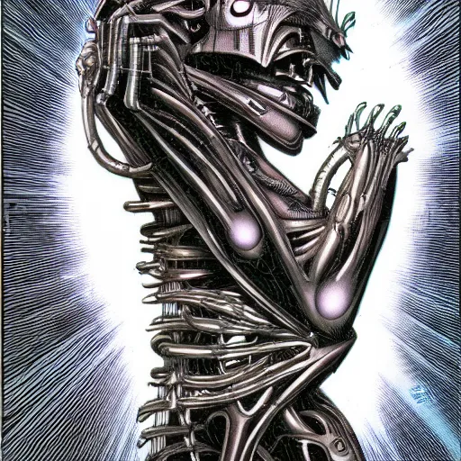 Prompt: an organic replicant by Masamune Shirow and HR Giger, shiny, liminal and strange