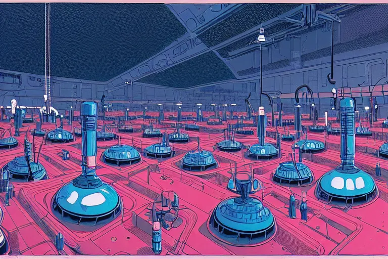 Image similar to a scifi illustration, factory interior. parallax birds eye view. vats of fluid. flat colors, limited palette in FANTASTIC PLANET La planète sauvage animation by René Laloux