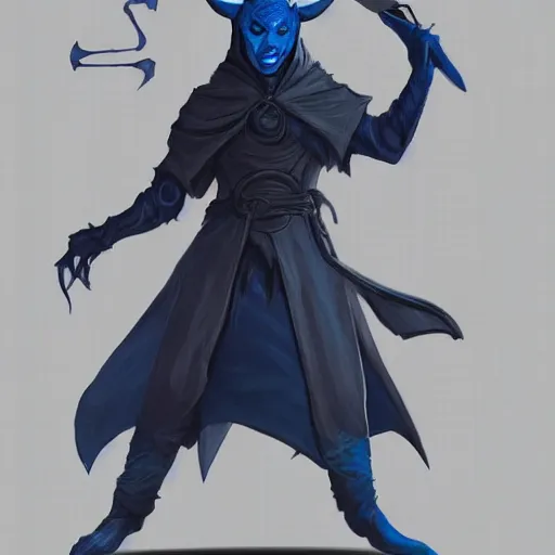 Image similar to D&D character concept art of a cloaked tiefling, tiefling rogue, blue skin color with short horns and a devil tail, fighting pose of a Rogue holding daggers, black cloak hidden in shadows, full body pose, soft colors, fantasy, intricate, elegant, highly detailed, digital painting, artstation, concept art, smooth, sharp focus, illustration, wide angle shot, full body visible, art by artgerm and H R Giger and alphonse mucha