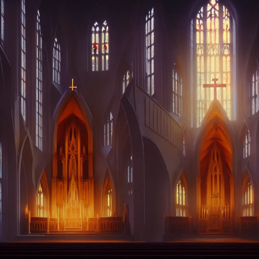 Prompt: curch with altar in glory light, digital painting, greg rutkowski, artstation, cinematic, matte painting