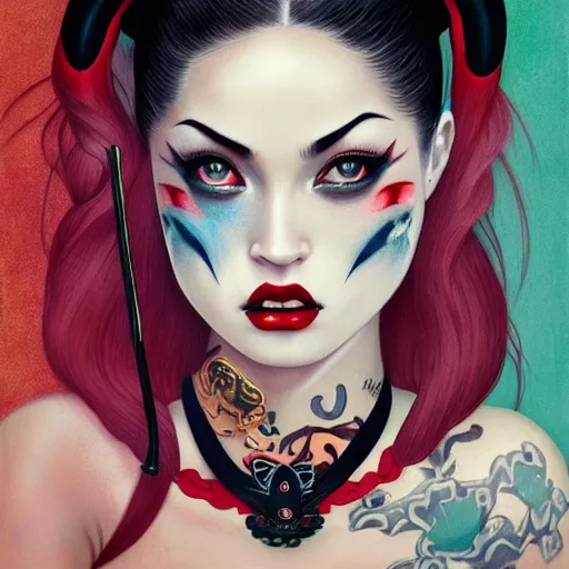 Prompt: pop surrealism, lowbrow art, seductive realistic geisha painting, japanese street fashion, hyper realism, megan fox as harley quinn, muted colours, rococo, tom bagshaw, trevor brown style