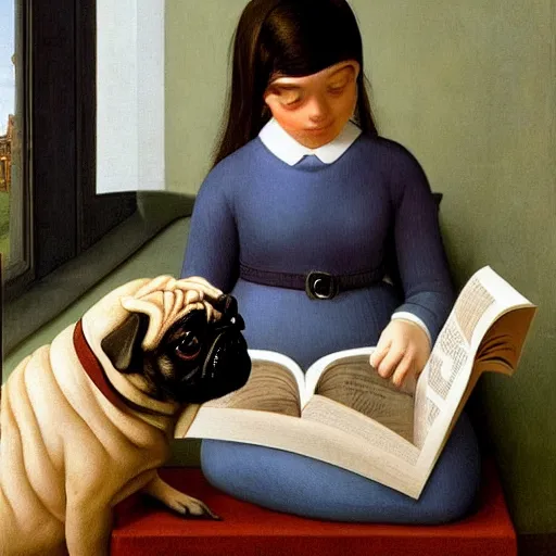 Image similar to a girl and her pug reading a book by Raphael, Hopper, and Rene Magritte. detailed, romantic, enchanting, trending on artstation.