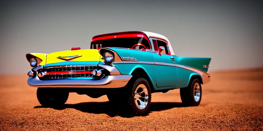 Prompt: Hot Wheels, 1957 Chevrolet Bel Air, lifted, 4x4, K10, trophy truck, cinematic, Maxxis, 8k, depth of field, mexican desert, bokeh, DAKAR.