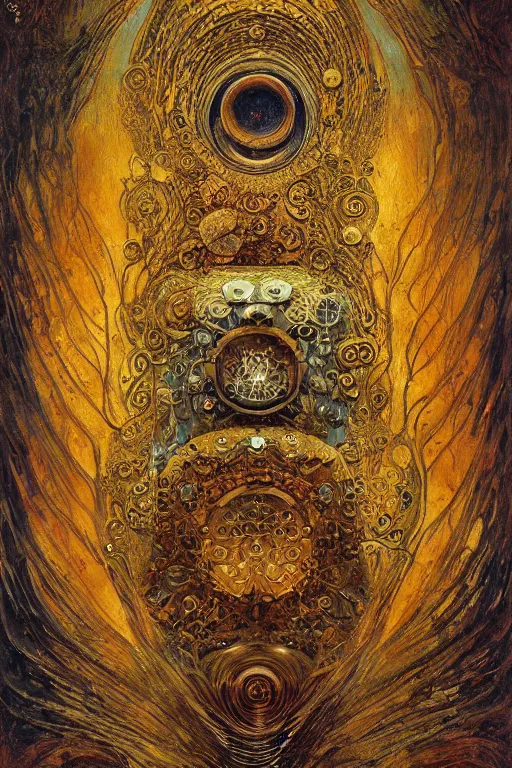 Image similar to The Helliquary by Karol Bak, Jean Deville, Gustav Klimt, and Vincent Van Gogh, lockbox, otherworldly, fractal structures, arcane, inferno, inscribed runes, reliquary, infernal relics, ornate gilded medieval icon, third eye, spirals