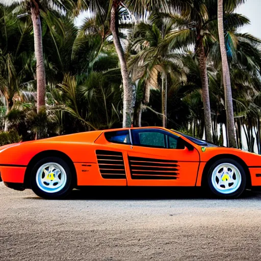 Prompt: Ferrari Testarossa parked on a coast road with a beach and palm trees