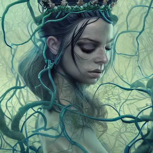 Prompt: dynamic portrait of the dark queen of snakes wearing a crown of vines, blue skin, realism, dark fantasy illustration, surrounded by snakes in a dead forest, dramatic lighting, octane render, artstation