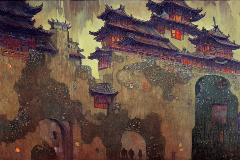 Image similar to cyberpunk chinese ancient castle, fantasy, painting by Gustav Klimt, greg rutkowski and alphonse mucha