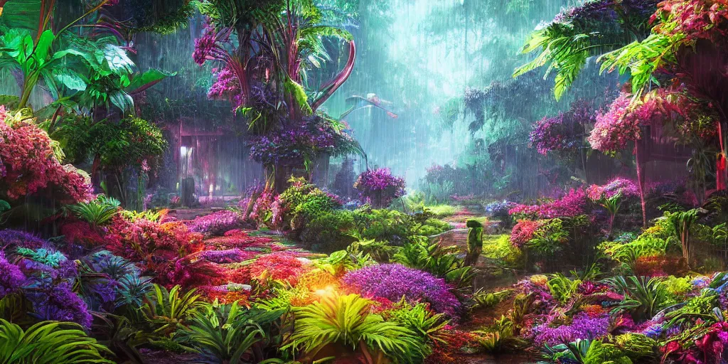 Image similar to An alien jungle, colorful flowers, pathway, reflection, rain, morning light, photorealistic, realistic, high definition, soft light, high definition, detailed, 8k, artstation