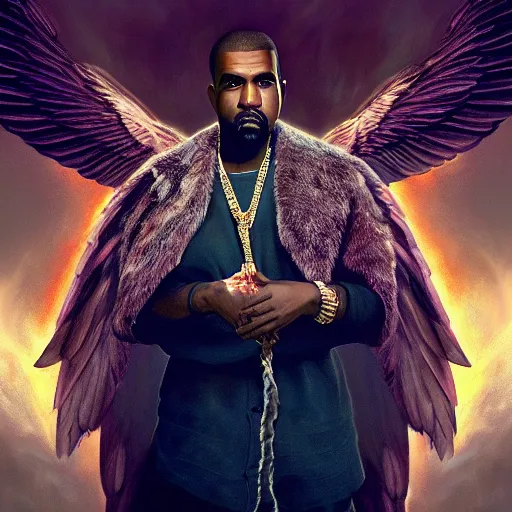 Image similar to majestic gracious archangel kanye west portrait, atmospheric lighting, painted, menacing, intricate, volumetric lighting, beautiful, rich deep colours masterpiece, golden hour, sharp focus, ultra detailed, by leesha hannigan, ross tran, thierry doizon, kai carpenter, ignacio fernandez rios