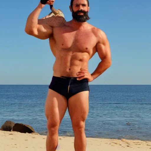 Prompt: Muscular and bearded man wearing a high waisted speedo at the beach