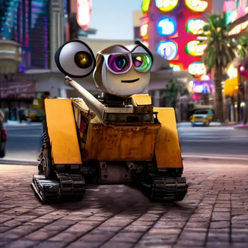 Prompt: Wall E as a begger on a crowded las vegas street, 4k photorealistic, HD, high details,longshot, dramatic, trending on artstation