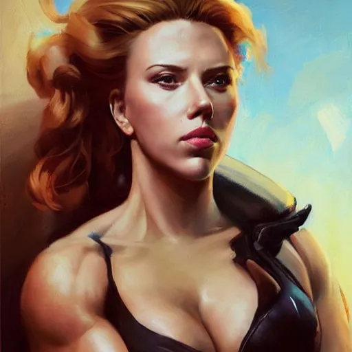 Image similar to greg manchess portrait of scarlett johansson as roided thick female bodybuilder lara croft, fantasy, medium shot, asymmetrical, profile picture, organic painting, sunny day, matte painting, bold shapes, hard edges, street art, trending on artstation, by huang guangjian and gil elvgren and sachin teng