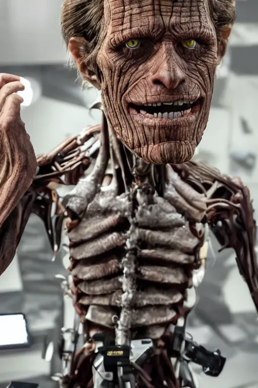 Image similar to animatronic Willem Dafoe by Stan Winston studios, behind the scenes photo, detailed, 4k