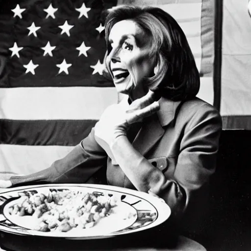 Prompt: a photograph of nancy pelosi wearing an army uniform while eating a large plate filled with scrambled eggs