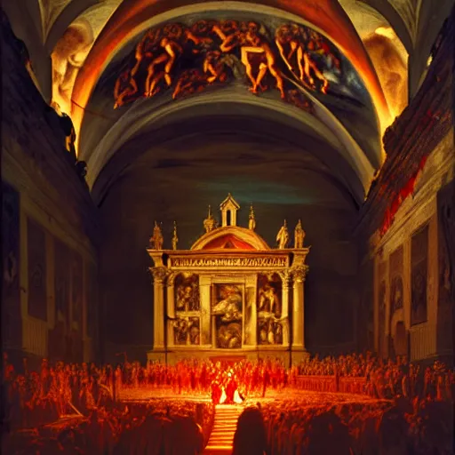 Image similar to the sistine chapel's ceiling is broken is half as a red magical portal from hell opens up, lucifer morningstar emerges along with a few demons, the priests and the pope look at the scene with terror in their eyes. highly detailed painting by gaston bussiere, greg rutkowski, craig mullins 8 k