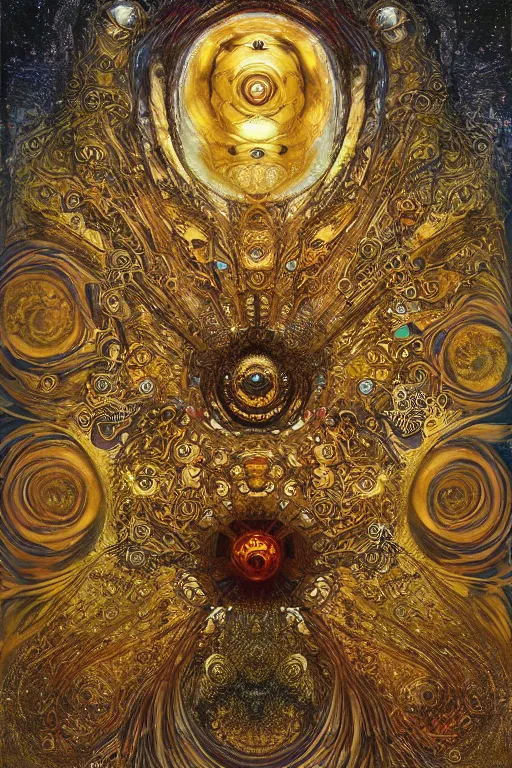 Image similar to Divine Chaos Engine by Karol Bak, Jean Deville, Gustav Klimt, and Vincent Van Gogh, visionary fractal structures, ornate gilded medieval icon, spirals