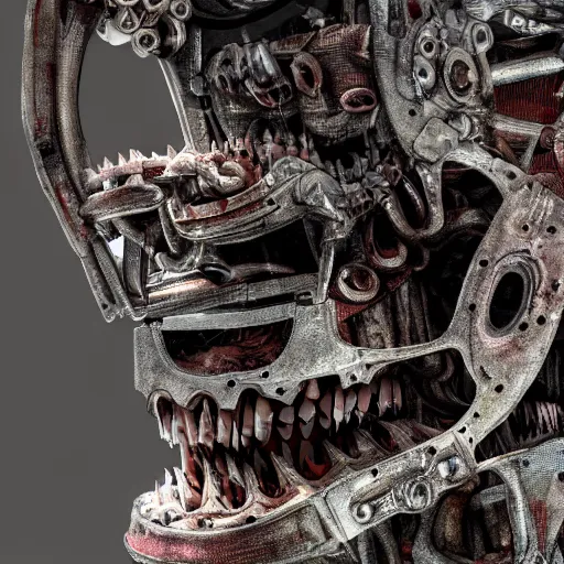 Prompt: a close up of a machine made of teeth, rusty meat machine, bio factory, concept art by giger, cgsociety, assemblage, greeble, grotesque