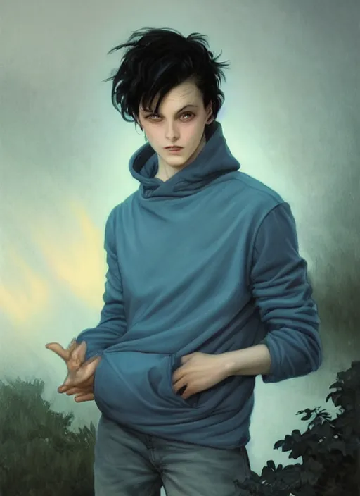 Image similar to handsome young man with short black hair, glowing light blue eyes, pale skin, crouching on the roof of a house, in a neighbourhood, at night, wearing jeans and a black hoodie, realistic painting by ross tran and gerald brom and alphonse mucha, trending on artstation