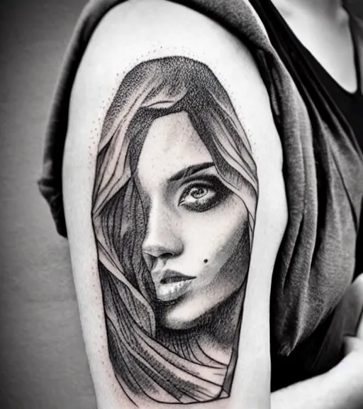 Image similar to amazing blend effect of beautiful mountain scenery with a beautiful woman face, tattoo design sketch, hyper - realistic, in the style of matteo pasqualin, amazing detail, black and white