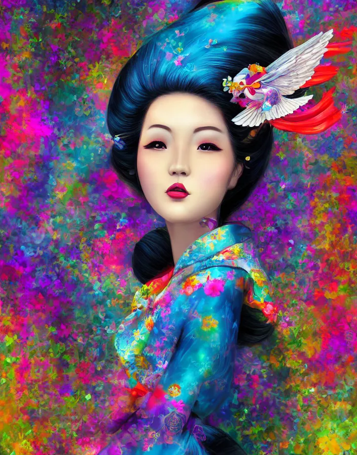 Prompt: semi semi realistic digital painting!! beautiful geisha flying over a colorful city, dramatic, xray melting colors!!