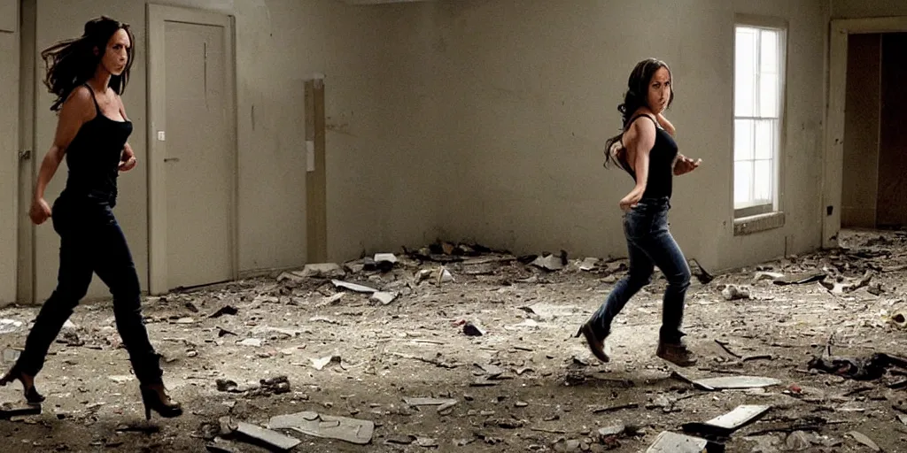 Prompt: Jennifer Love Hewitt running away from a serial killer in a scary abandoned highschool, hyper detailed, cinematic, movie still