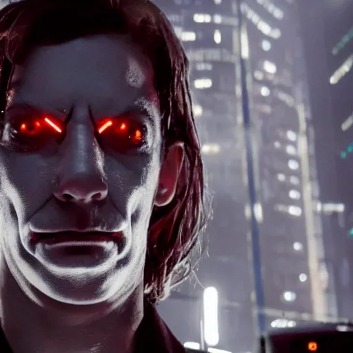 Image similar to movie still of a villain cyborg, facial expression, cinematic composition, cinematic light, by edgar wright and david lynch,