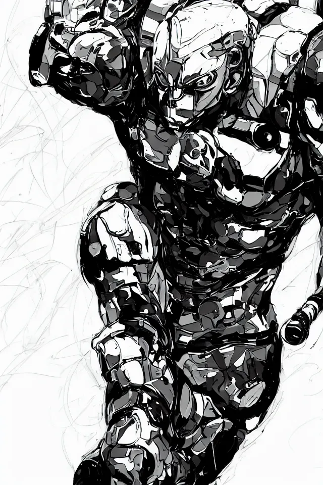 Prompt: a full - body portrait of cyborg ninja joe rogan, in yoji shinkawa's art style, metal gear solid art style, highly detailed, 4 k, artistic, white background, b & w