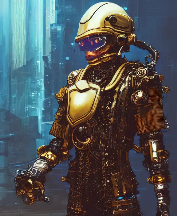 Prompt: a portrait of a cyberpunk warrior with golden steampunk armour and a futuristic helmet with a cybernetic visor by Moebius, 4k resolution, photorealistic